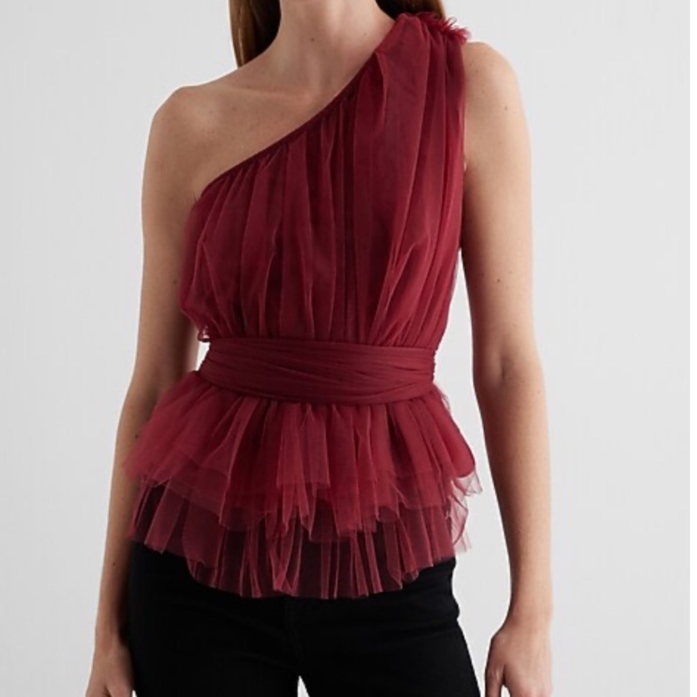 Express Tulle One Shoulder Peplum Top Burgundy Ruffle Tie Size XL